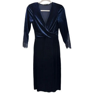 Zara Basic Womens Small Midnight Blue Velvet Deep V Neck Festival Dress